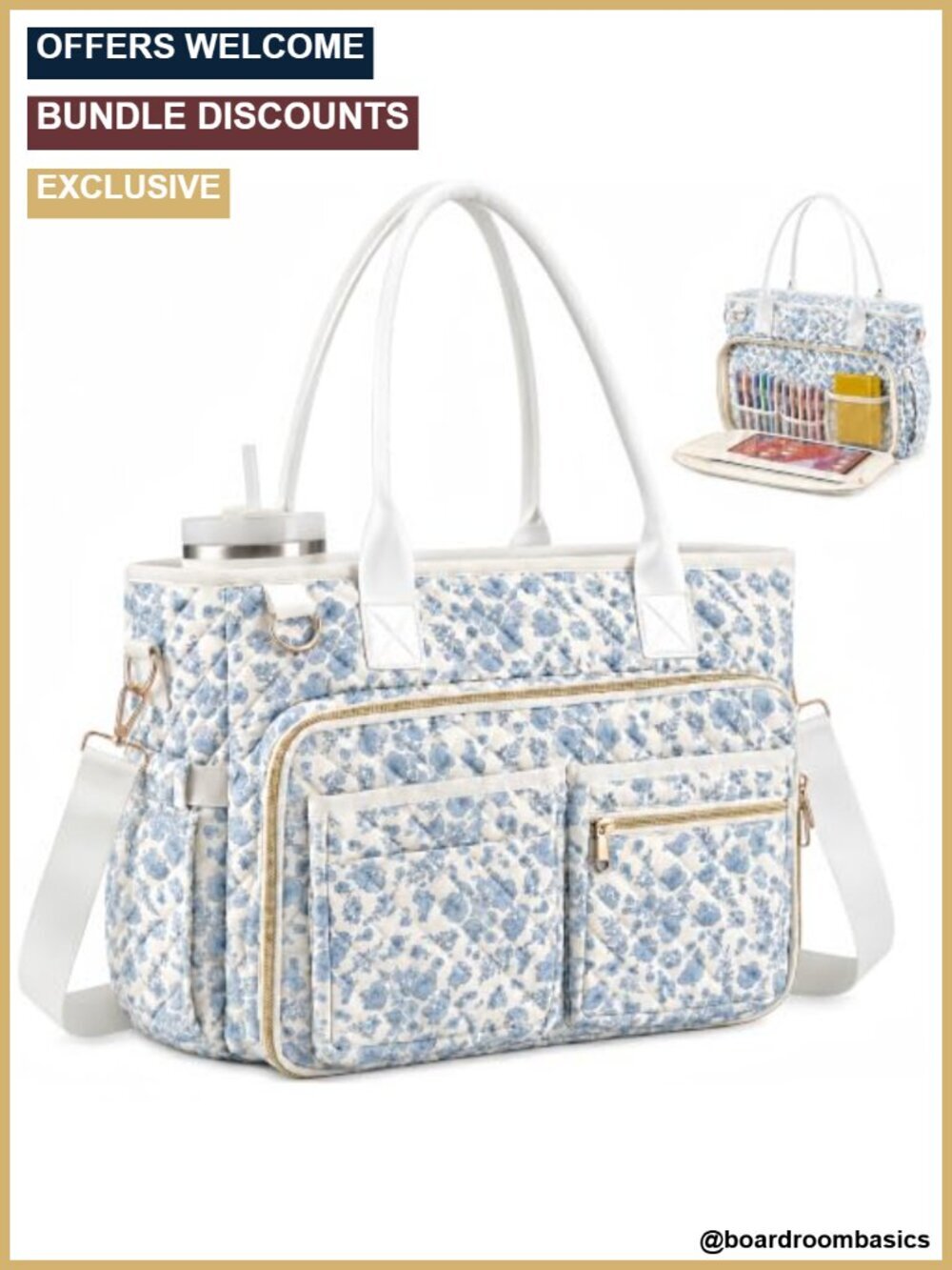 Quilted Laptop Tote Bag with Cup Holder, Lightweight Shoulder Work Purse
